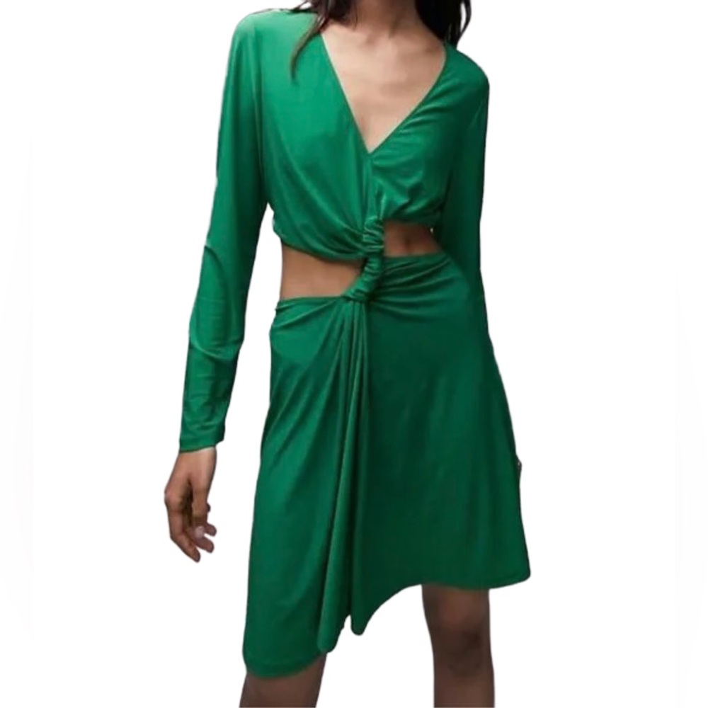Topshop NWT Green Long Sleeve Twist-Front Cutout Mini Dress - Picture 3 of 8